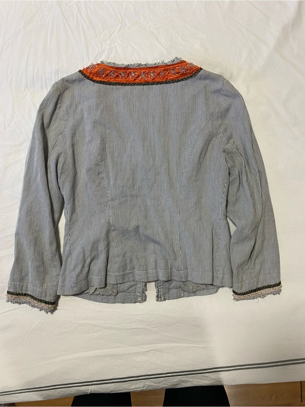 Free People My Fair Lady Pinstripe cropped Embroidered Trim Open-front blazer